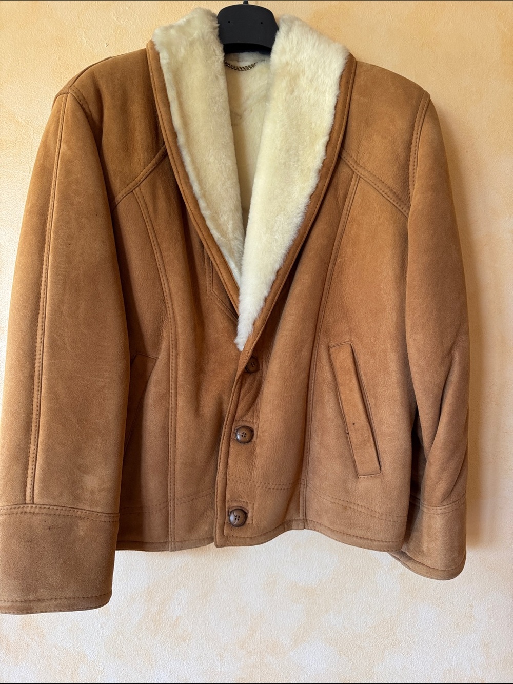 Men's Shearling-Lined Suede Pea Coat - Tan with Cream Collar. Size 50